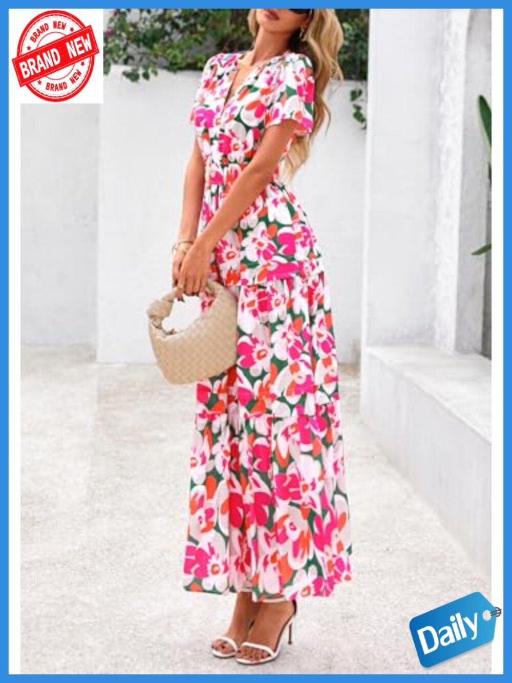 Women's Boho Floral Maxi Dress Tiered A-Line Elastic Waist with Pockets - Picture 3 of 6